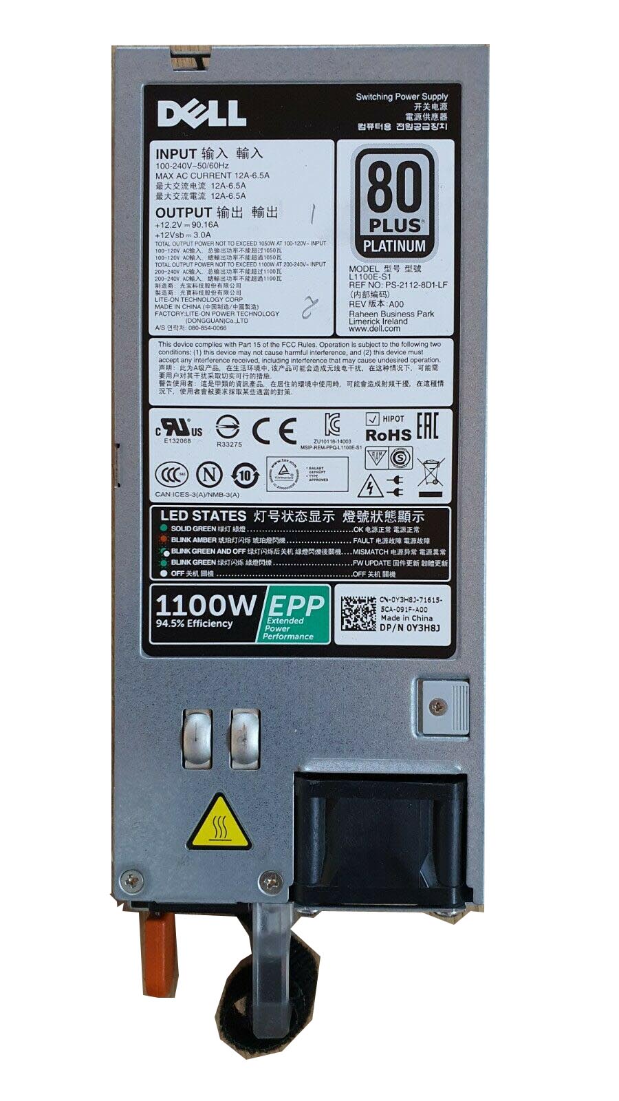 Dell Y3H8J 1100 Watts Platinum Power Supply For PowerEdge R730